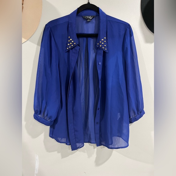 ⚡️Sheer Blouse L Royal Blue with stud collar - Picture 2 of 9